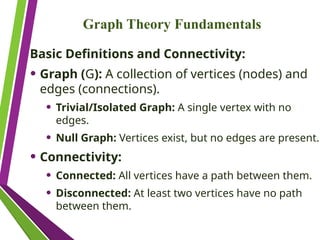 Graph Theory Fundamentals
Basic Definitions and Connectivity:
• Graph (G): A collection of vertices (nodes) and
edges (connections).
• Trivial/Isolated Graph: A single vertex with no
edges.
• Null Graph: Vertices exist, but no edges are present.
• Connectivity:
• Connected: All vertices have a path between them.
• Disconnected: At least two vertices have no path
between them.
 