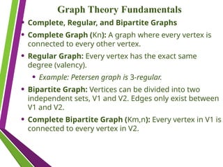 Graph Theory Fundamentals
• Complete, Regular, and Bipartite Graphs
• Complete Graph (Kn​
): A graph where every vertex is
connected to every other vertex.
• Regular Graph: Every vertex has the exact same
degree (valency).
• Example: Petersen graph is 3-regular.
• Bipartite Graph: Vertices can be divided into two
independent sets, V1​and V2​
. Edges only exist between
V1​and V2​
.
• Complete Bipartite Graph (Km,n​
): Every vertex in V1​is
connected to every vertex in V2​
.
 