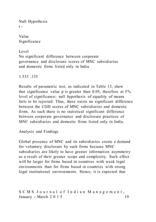 Null Hypothesis
t -
Value
Significance
Level
No significant difference between corporate
governance and disclosure scores of MNC subsidiaries
and domestic firms listed only in India
1.533 .135
Results of parametric test, as indicated in Table 13, show
that significance value p is greater than 0.05, therefore at 5%
level of significance; null hypothesis of equality of means
fails to be rejected. Thus, there exists no significant difference
between the CGD scores of MNC subsidiaries and domestic
firms. As such there is no statistical significant difference
between corporate governance and disclosure practices of
MNC subsidiaries and domestic firms listed only in India.
Analysis and Findings
Global presence of MNC and its subsidiaries create a demand
for voluntary disclosure by such firms because MNC
subsidiaries are likely to have greater information asymmetry
as a result of their greater scope and complexity. Such effect
will be larger for firms based in countries with weak legal
environments than for firms based in countries with strong
legal institutional environments. Hence, it is expected that
S C M S J o u r n a l o f I n d i a n M a n a g e m e n t ,
January - March 2 0 1 5 19
 