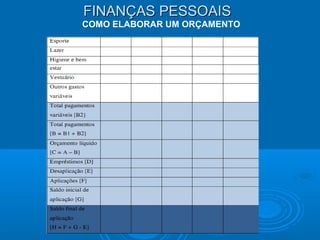 FINANÇAS PESSOAISFINANÇAS PESSOAIS
COMO ELABORAR UM ORÇAMENTO
 