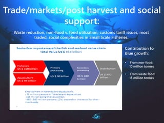 Trade/markets/post harvest and social
support:
Waste reduction, non-food v. food utilization, customs tariff issues, most
traded, social complexities in Small Scale Fisheries.
Contribution to
Blue growth:
• From non-food:
10 million tonnes
• From waste food:
15 million tonnes
 