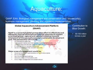 Aquaculture:
GAAP, EAA. Biological management and conservation (incl. bio-security),
business management, planning and regulatory implementation.
Contribution to
Blue Growth:
• 50-100 million
tonnes a year
 