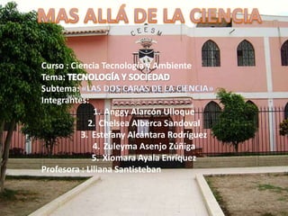 Curso : Ciencia Tecnología y Ambiente
Tema:
Subtema:
Integrantes:
              1. Anggy Alarcón Ulloque
             2. Chelsea Alberca Sandoval
           3. Estefany Alcántara Rodríguez
              4. Zuleyma Asenjo Zúñiga
              5. Xiomara Ayala Enríquez
Profesora : Liliana Santisteban
 