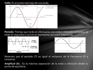 Valle: Es el punto más bajo de una onda.
Periodo: Tiempo que tarda en efectuarse una onda o vibración completa, se
mide en segundos o s/ciclo se representa con una T mayúscula.
Notemos que el periodo (T) es igual al recíproco de la frecuencia (f) y
viceversa.
Amplitud (A) : Es la máxima separación de la onda o vibración desde su
punto de equilibrio.
 
