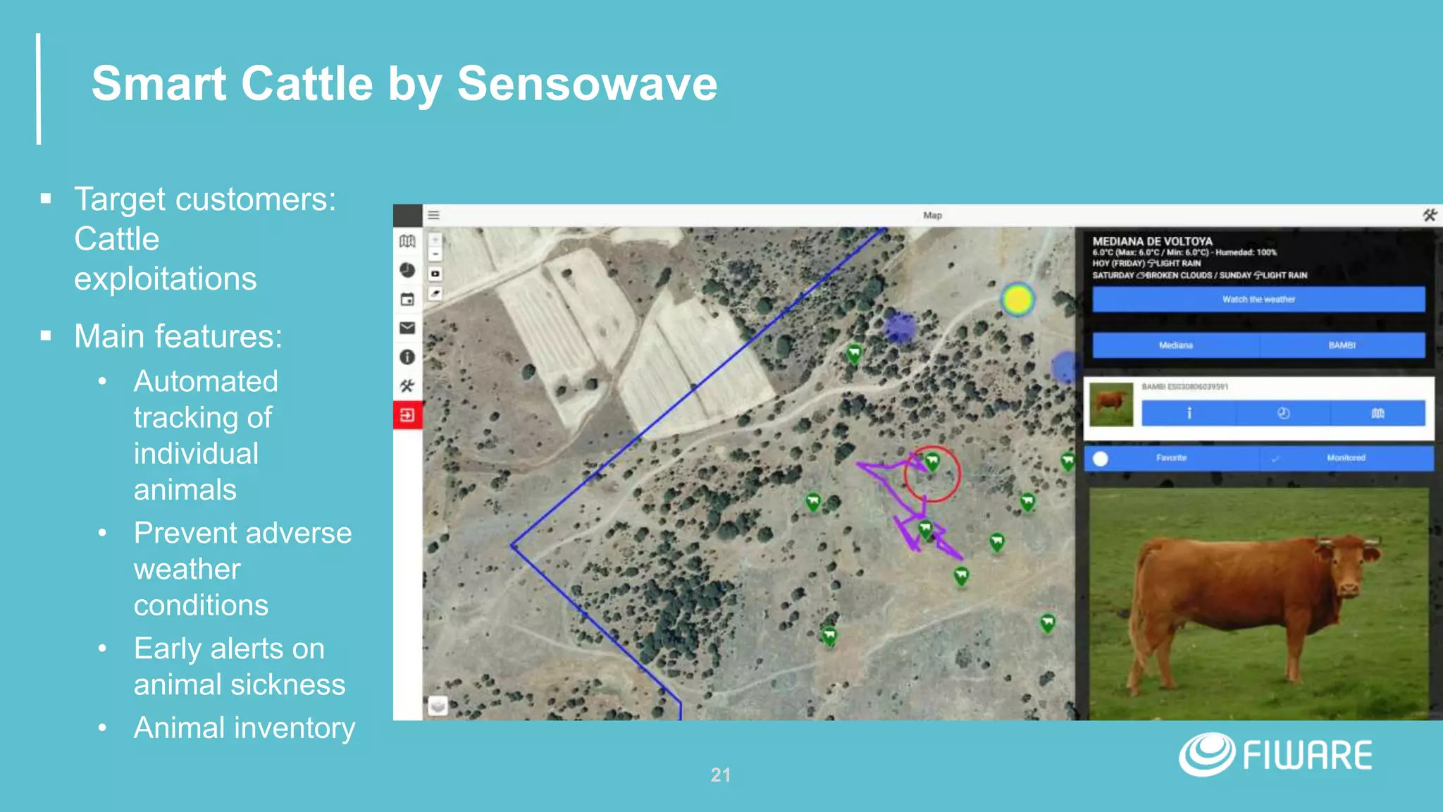 21
 Target customers:
Cattle
exploitations
 Main features:
• Automated
tracking of
individual
animals
• Prevent adverse
weather
conditions
• Early alerts on
animal sickness
• Animal inventory
Smart Cattle by Sensowave
 