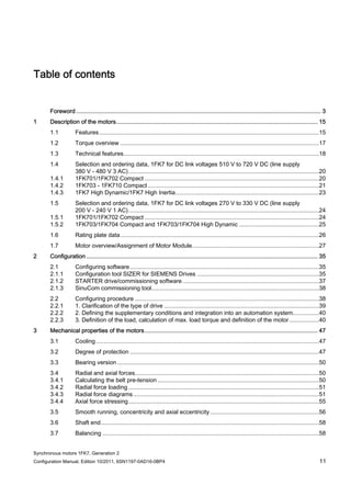 Synchronous motors 1FK7, Generation 2
Configuration Manual, Edition 10/2011, 6SN1197-0AD16-0BP4 11
Table of contents
Foreword ................................................................................................................................................... 3
1 Description of the motors......................................................................................................................... 15
1.1 Features.......................................................................................................................................15
1.2 Torque overview ..........................................................................................................................17
1.3 Technical features........................................................................................................................18
1.4 Selection and ordering data, 1FK7 for DC link voltages 510 V to 720 V DC (line supply
380 V - 480 V 3 AC).....................................................................................................................20
1.4.1 1FK701/1FK702 Compact ...........................................................................................................20
1.4.2 1FK703 - 1FK710 Compact .........................................................................................................21
1.4.3 1FK7 High Dynamic/1FK7 High Inertia........................................................................................23
1.5 Selection and ordering data, 1FK7 for DC link voltages 270 V to 330 V DC (line supply
200 V - 240 V 1 AC).....................................................................................................................24
1.5.1 1FK701/1FK702 Compact ...........................................................................................................24
1.5.2 1FK703/1FK704 Compact and 1FK703/1FK704 High Dynamic .................................................25
1.6 Rating plate data..........................................................................................................................26
1.7 Motor overview/Assignment of Motor Module..............................................................................27
2 Configuration ........................................................................................................................................... 35
2.1 Configuring software....................................................................................................................35
2.1.1 Configuration tool SIZER for SIEMENS Drives ...........................................................................35
2.1.2 STARTER drive/commissioning software....................................................................................37
2.1.3 SinuCom commissioning tool.......................................................................................................38
2.2 Configuring procedure .................................................................................................................38
2.2.1 1. Clarification of the type of drive ...............................................................................................39
2.2.2 2. Defining the supplementary conditions and integration into an automation system................40
2.2.3 3. Definition of the load, calculation of max. load torque and definition of the motor ..................40
3 Mechanical properties of the motors........................................................................................................ 47
3.1 Cooling.........................................................................................................................................47
3.2 Degree of protection ....................................................................................................................47
3.3 Bearing version ............................................................................................................................50
3.4 Radial and axial forces.................................................................................................................50
3.4.1 Calculating the belt pre-tension ...................................................................................................50
3.4.2 Radial force loading .....................................................................................................................51
3.4.3 Radial force diagrams..................................................................................................................51
3.4.4 Axial force stressing.....................................................................................................................55
3.5 Smooth running, concentricity and axial eccentricity...................................................................56
3.6 Shaft end......................................................................................................................................58
3.7 Balancing .....................................................................................................................................58
 