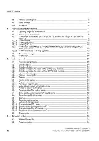 Table of contents
Synchronous motors 1FK7, Generation 2
12 Configuration Manual, Edition 10/2011, 6SN1197-0AD16-0BP4
3.8 Vibration severity grade .............................................................................................................. 58
3.9 Noise emission............................................................................................................................ 59
3.10 Paint finish................................................................................................................................... 59
4 Technical data and characteristics........................................................................................................... 61
4.1 Operating range and characteristics........................................................................................... 61
4.2 Torque-speed characteristic........................................................................................................ 70
4.2.1 1FK7 motors connected to SINAMICS S110 / S120 with a line voltage of 3-ph. 380 V to
480 V AC..................................................................................................................................... 70
4.2.1.1 1FK7 Compact ............................................................................................................................ 70
4.2.1.2 1FK7 High Dynamic .................................................................................................................. 142
4.2.1.3 1FK7 High Inertia ...................................................................................................................... 170
4.2.2 1FK7 motors on SINAMICS S110 / S120 POWER MODULE with a line voltage of 1-ph.
200 V to 240 V AC .................................................................................................................... 182
4.2.2.1 1FK7 Compact and 1FK7 High Dynamic.................................................................................. 182
4.3 Dimension drawings.................................................................................................................. 198
4.3.1 1FK7 motors.............................................................................................................................. 200
5 Motor components................................................................................................................................. 209
5.1 Thermal motor protection.......................................................................................................... 209
5.2 Encoder (option)........................................................................................................................ 210
5.2.1 Encoder selection...................................................................................................................... 210
5.2.2 Encoder connection for motors with a DRIVE-CLiQ interface .................................................. 212
5.2.3 Encoder connection for motors without DRIVE-CLiQ interface ................................................ 212
5.2.4 Incremental encoders................................................................................................................ 212
5.2.5 Absolute value encoder............................................................................................................. 214
5.2.6 Resolver .................................................................................................................................... 216
5.3 Holding brake (option)............................................................................................................... 218
5.3.1 Properties.................................................................................................................................. 218
5.3.2 Permanent-magnet brake ......................................................................................................... 218
5.3.3 Motor-side connection of the holding brake.............................................................................. 219
5.3.4 Protective circuitry for the brake ............................................................................................... 219
5.3.5 Technical data of the holding brake.......................................................................................... 220
5.4 Brake resistances (armature short-circuit braking) ................................................................... 222
5.4.1 Dimensioning of braking resistors............................................................................................. 224
5.5 Gearbox..................................................................................................................................... 228
5.5.1 Dimensioning the gearbox ........................................................................................................ 228
5.5.2 Motors with planetary gears...................................................................................................... 231
5.5.2.1 Characteristics of SP+ series.................................................................................................... 231
5.5.2.2 Selection and ordering data, series SP+ .................................................................................. 233
5.5.2.3 Characteristics of the LP+ series .............................................................................................. 238
5.5.2.4 Selection and ordering data, series LP+................................................................................... 240
5.6 Drive coupling ........................................................................................................................... 241
6 Connection system ................................................................................................................................ 243
6.1 SINAMICS drive I/O .................................................................................................................. 243
6.2 Power connection...................................................................................................................... 244
 