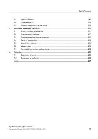 Table of contents
Synchronous motors 1FK7, Generation 2
Configuration Manual, Edition 10/2011, 6SN1197-0AD16-0BP4 13
6.3 Signal connection.......................................................................................................................246
6.4 Quick-release lock .....................................................................................................................251
6.5 Rotating the connector at the motor ..........................................................................................251
7 Information about using the motors ....................................................................................................... 255
7.1 Transport / storage before use...................................................................................................255
7.2 Environmental conditions...........................................................................................................255
7.3 Routing cables in a damp environment .....................................................................................256
7.4 Types of construction.................................................................................................................257
7.5 Mounting conditions...................................................................................................................258
7.6 Vibratory load.............................................................................................................................259
7.7 Permissible line system configurations......................................................................................260
A Appendix................................................................................................................................................ 261
A.1 Description of terms...................................................................................................................261
A.2 Declaration of conformity ...........................................................................................................266
Index...................................................................................................................................................... 267
 