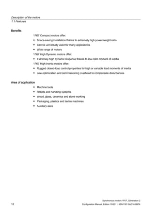 Description of the motors
1.1 Features
Synchronous motors 1FK7, Generation 2
16 Configuration Manual, Edition 10/2011, 6SN1197-0AD16-0BP4
Benefits
1FK7 Compact motors offer:
● Space-saving installation thanks to extremely high power/weight ratio
● Can be universally used for many applications
● Wide range of motors
1FK7 High Dynamic motors offer:
● Extremely high dynamic response thanks to low rotor moment of inertia
1FK7 High Inertia motors offer:
● Rugged closed-loop control properties for high or variable load moments of inertia
● Low optimization and commissioning overhead to compensate disturbances
Area of application
● Machine tools
● Robots and handling systems
● Wood, glass, ceramics and stone working
● Packaging, plastics and textile machines
● Auxiliary axes
 