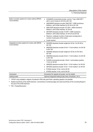 Description of the motors
1.3 Technical features
Synchronous motors 1FK7, Generation 2
Configuration Manual, Edition 10/2011, 6SN1197-0AD16-0BP4 19
Built-in encoder systems for motors without DRIVE-
CLiQ interface
 IC2048S/R incremental encoder, sin/cos 1 Vpp, 2048 S/R 3)
with C and D tracks for SH 20 to SH 100
 AM2048S/R absolute encoder 2048 S/R 3), 4096 revolutions
Multiturn, with EnDat interface for SH 36 to SH 100
 AM512S/R absolute encoder 512 S/R 3), 4096 revolutions
Multiturn, with EnDat interface, for SH 28
 AM16S/R absolute encoder 16 S/R 3), 4096 revolutions
Multiturn, with EnDat interface, for SH 20 and SH 28
 Resolver, multipole (number of pole pairs corresponds to
number of pole pairs of the motor)
 2-pole resolver
Integrated encoder systems for motors with DRIVE-
CLiQ interface
 AS24DQI absolute encoder single-turn 24 bit , for SH 36 to
SH 100
 AM24DQI absolute encoder 24 bit + 12 bit multiturn, for SH 36
to SH 100
 AS20DQI absolute encoder single-turn 20 bit, for SH 36 to
SH 100
 AM20DQI absolute encoder 20 bit + 12 bit multiturn, for SH 36
to SH 100
 IC22DQ incremental encoder, 22-bit + commutation position,
11 bit, for SH 28
 AM20DQ absolute encoder 20 bit + 12 bit multiturn, for SH 28
 AM15DQ absolute encoder 15 bit + 12 bit multiturn, for SH 28
 R15DQ resolver 15 bit, not for SH 20
 R14DQ resolver 14 bit, not for SH 20
Connection Connectors for signals and power, can be rotated
Holding brake Optional integrated holding brake (free of backlash, 24 V)
1) 1FK701 only available in degree of protection IP54 with paint finish, planetary gearbox not possible
2) Radial eccentricity of the shaft extension, concentricity of centering edge and axial eccentricity of the mounting flange to
the axis of the shaft extension.
3) P/R = Pulses/Revolution
 