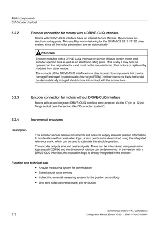 Motor components
5.2 Encoder (option)
Synchronous motors 1FK7, Generation 2
212 Configuration Manual, Edition 10/2011, 6SN1197-0AD16-0BP4
5.2.2 Encoder connection for motors with a DRIVE-CLiQ interface
Motors with DRIVE-CLiQ interface have an internal Sensor Module. This includes an
electronic rating plate. This simplifies commissioning for the SINAMICS S110 / S120 drive
system, since all the motor parameters are set automatically.
WARNING
Encoder modules with a DRIVE-CLiQ interface or Sensor Module contain motor and
encoder-specific data as well as an electronic rating plate. This is why it may only be
operated on the original motor - and must not be mounted onto other motors or replaced by
modules from other motors.
The contacts of the DRIVE-CLiQ interface have direct contact to components that can be
damaged/destroyed by electrostatic discharge (ESDs). Neither hands nor tools that could
be electrostatically charged should come into contact with the connections.
5.2.3 Encoder connection for motors without DRIVE-CLiQ interface
Motors without an integrated DRIVE-CLiQ interface are connected via the 17-pin or 12-pin
flange socket (see the section titled "Connection system").
5.2.4 Incremental encoders
Description
This encoder senses relative movements and does not supply absolute position information.
In combination with an evaluation logic, a zero point can be determined using the integrated
reference mark, which can be used to calculate the absolute position.
The encoder outputs sine and cosine signals. These can be interpolated using evaluation
logic (usually 2048x) and the direction of rotation can be determined. In the version with a
DRIVE-CLiQ interface, this evaluation logic is already integrated in the encoder.
Function and technical data
● Angular measuring system for commutation
● Speed actual value sensing
● Indirect incremental measuring system for the position control loop
● One zero pulse (reference mark) per revolution
 