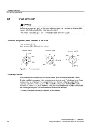 Connection system
6.2 Power connection
Synchronous motors 1FK7, Generation 2
244 Configuration Manual, Edition 10/2011, 6SN1197-0AD16-0BP4
6.2 Power connection
WARNING
Before carrying out any work on the motor, please ensure that it is powered-down and the
system is locked-out so that the motor cannot re-start!
The motors are not designed to be connected directly to the line supply.
Connection assignment, power connector at the motor
Figure 6-2 Power connection
Connecting-up notes
The overall system compatibility is only guaranteed when using shielded power cables.
Shields must be incorporated in the protective grounding concept. Protective ground should
be connected to conductors that are open-circuit and that are not being used and also
electrical cables that can be touched. If the brake feeder cables in the SIEMENS cable
accessories are not used, then the brake conductor cores and shields must be connected to
the cabinet ground (open-circuit cables result in capacitive charges!).
Connecting cables should be appropriately strain relieved.
 