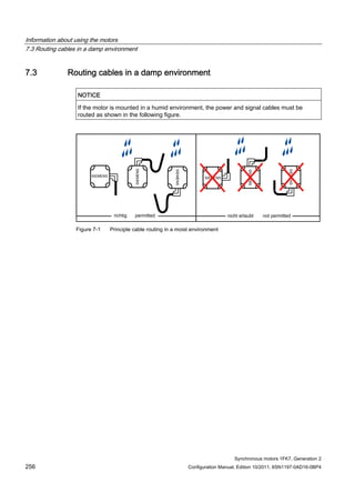 Information about using the motors
7.3 Routing cables in a damp environment
Synchronous motors 1FK7, Generation 2
256 Configuration Manual, Edition 10/2011, 6SN1197-0AD16-0BP4
7.3 Routing cables in a damp environment
NOTICE
If the motor is mounted in a humid environment, the power and signal cables must be
routed as shown in the following figure.
Figure 7-1 Principle cable routing in a moist environment
 