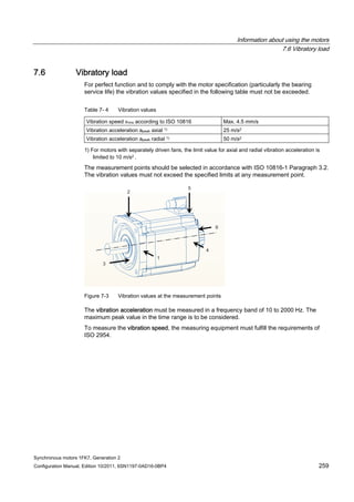 Information about using the motors
7.6 Vibratory load
Synchronous motors 1FK7, Generation 2
Configuration Manual, Edition 10/2011, 6SN1197-0AD16-0BP4 259
7.6 Vibratory load
For perfect function and to comply with the motor specification (particularly the bearing
service life) the vibration values specified in the following table must not be exceeded.
Table 7- 4 Vibration values
Vibration speed vrms according to ISO 10816 Max. 4.5 mm/s
Vibration acceleration apeak axial 1) 25 m/s2
Vibration acceleration apeak radial 1) 50 m/s2
1) For motors with separately driven fans, the limit value for axial and radial vibration acceleration is
limited to 10 m/s2 .
The measurement points should be selected in accordance with ISO 10816-1 Paragraph 3.2.
The vibration values must not exceed the specified limits at any measurement point.
Figure 7-3 Vibration values at the measurement points
The vibration acceleration must be measured in a frequency band of 10 to 2000 Hz. The
maximum peak value in the time range is to be considered.
To measure the vibration speed, the measuring equipment must fulfill the requirements of
ISO 2954.
 