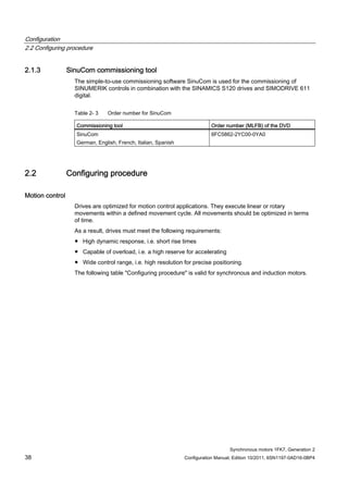 Configuration
2.2 Configuring procedure
Synchronous motors 1FK7, Generation 2
38 Configuration Manual, Edition 10/2011, 6SN1197-0AD16-0BP4
2.1.3 SinuCom commissioning tool
The simple-to-use commissioning software SinuCom is used for the commissioning of
SINUMERIK controls in combination with the SINAMICS S120 drives and SIMODRIVE 611
digital.
Table 2- 3 Order number for SinuCom
Commissioning tool Order number (MLFB) of the DVD
SinuCom
German, English, French, Italian, Spanish
6FC5862-2YC00-0YA0
2.2 Configuring procedure
Motion control
Drives are optimized for motion control applications. They execute linear or rotary
movements within a defined movement cycle. All movements should be optimized in terms
of time.
As a result, drives must meet the following requirements:
● High dynamic response, i.e. short rise times
● Capable of overload, i.e. a high reserve for accelerating
● Wide control range, i.e. high resolution for precise positioning.
The following table "Configuring procedure" is valid for synchronous and induction motors.
 