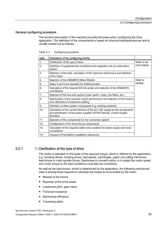 Configuration
2.2 Configuring procedure
Synchronous motors 1FK7, Generation 2
Configuration Manual, Edition 10/2011, 6SN1197-0AD16-0BP4 39
General configuring procedure
The function description of the machine provides the basis when configuring the drive
application. The definition of the components is based on physical interdependencies and is
usually carried out as follows:
Table 2- 4 Configuring procedure
step Description of the configuring activity
1. Clarification of the type of drive
2. Definition of supplementary conditions and integration into an automation
system
3. Definition of the load, calculation of the maximum load torque and selection
of the motor
Refer to the
next chapter
4. Selection of the SINAMICS Motor Module
5. Steps 3 and 4 are repeated for additional axes
6. Calculation of the required DC link power and selection of the SINAMICS
Line Module
7. Selection of the line-side options (main switch, fuses, line filters, etc.)
8. Specification of the required control performance and selection of the Control
Unit, definition of component cabling
9. Definition of other system components (e.g. braking resistors)
10. Calculation of the current demand of the 24 V DC supply for the components
and specification of the power supplies (SITOP devices, Control Supply
Modules)
11. Selection of the components for the connection system
12. Configuration of the drive line-up components
13. Calculation of the required cable cross sections for power supply and motor
connections
14. Inclusion of mandatory installation clearances
Refer to
catalog
2.2.1 1. Clarification of the type of drive
The motor is selected on the basis of the required torque, which is defined by the application,
e.g. traveling drives, hoisting drives, test stands, centrifuges, paper and rolling mill drives,
feed drives or main spindle drives. Gearboxes to convert motion or to adapt the motor speed
and motor torque to the load conditions must also be considered.
As well as the load torque, which is determined by the application, the following mechanical
data is among those required to calculate the torque to be provided by the motor:
● Masses to be moved
● Diameter of the drive wheel
● Leadscrew pitch, gear ratios
● Frictional resistance
● Mechanical efficiency
● Traversing paths
 