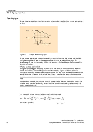 Configuration
2.2 Configuring procedure
Synchronous motors 1FK7, Generation 2
44 Configuration Manual, Edition 10/2011, 6SN1197-0AD16-0BP4
Free duty cycle
A load duty cycle defines the characteristics of the motor speed and the torque with respect
to time.
Figure 2-6 Example of a load duty cycle
A load torque is specified for each time period. In addition to the load torque, the average
load moment of inertia and motor moment of inertia must be taken into account for
acceleration. It may be necessary to take into account a frictional torque that opposes the
direction of motion.
When a gearbox is mounted:
The gear ratio and gear efficiency must be taken into account when calculating the load
and/or accelerating torque to be provided by the motor. A higher gear ratio increases
positioning accuracy in terms of encoder resolution. For any given motor encoder resolution,
as the gear ratio increases, so does the resolution of the machine position to be detected.
Note
The following formulas can be used for duty cycles outside the field weakening range. For
duty cycles in the field weakening range, the drive system must be engineered using the
SIZER engineering tool.
For the motor torque in a time slice Δt i the following applies:
( )
•
1
•)++•
60
2
•(+••
60
2
•+=
i
MM
t
n
Ji
t
n
JJM t
s
The motor speed is: inn •=
 