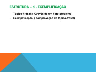 ESTRUTURA – 1 - EXEMPLIFICAÇÃO
- Tópico-Frasal; ( Através de um Fato-problema)
- Exemplificação; ( comprovação do tópico-frasal)
 