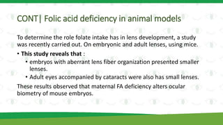 CONT| Folic acid deficiency in animal models
To determine the role folate intake has in lens development, a study
was recently carried out. On embryonic and adult lenses, using mice.
• This study reveals that :
• embryos with aberrant lens fiber organization presented smaller
lenses.
• Adult eyes accompanied by cataracts were also has small lenses.
These results observed that maternal FA deficiency alters ocular
biometry of mouse embryos.
 