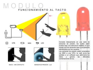 Consiste básicamente en una serie de sensores de presión, los cuales están ocultos bajo una estructura metálica, lo que impide que los sensores sean puntualmente identificados por los usuarios. Los sensores de presión están conectados vía MIDI a una CPU, la cuál envía las señales a un software que administra los datos y genera las diferentes combinaciones de luz.  CPB MIDI LED INICIO – SIN CONTACTO SENSOR DE PRESION - LUZ M O D U L O  F U N C I O N A M I E N T O  A L  T A C T O  