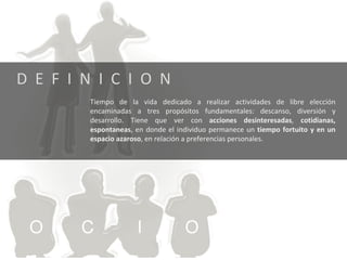 D  E  F  I  N  I  C  I  O  N  Tiempo de la vida dedicado a realizar actividades de libre elección encaminadas a tres propósitos fundamentales: descanso, diversión y desarrollo.  Tiene que ver con  acciones desinteresadas ,  cotidianas, espontaneas , en donde el individuo permanece un  tiempo fortuito y en un espacio azaroso , en relación a preferencias personales. O  C  I  O 