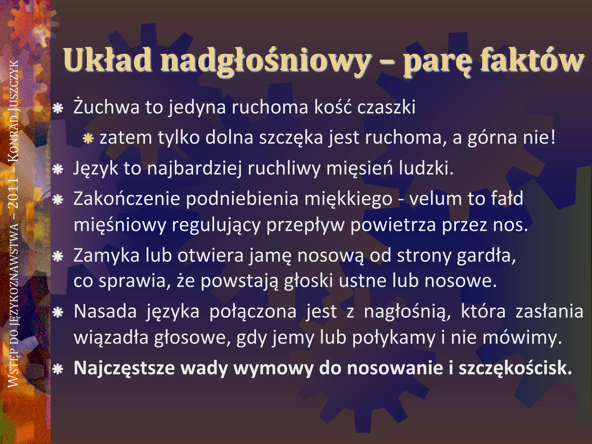 WSTĘPDOJĘZYKOZNAWSTWA–2011–KONRADJUSZCZYK
Układ nadgłośniowy – parę faktów
 Żuchwa to jedyna ruchoma kośd czaszki
 zatem tylko dolna szczęka jest ruchoma, a górna nie!
 Język to najbardziej ruchliwy mięsieo ludzki.
 Zakooczenie podniebienia miękkiego - velum to fałd
mięśniowy regulujący przepływ powietrza przez nos.
 Zamyka lub otwiera jamę nosową od strony gardła,
co sprawia, że powstają głoski ustne lub nosowe.
 Nasada języka połączona jest z nagłośnią, która zasłania
wiązadła głosowe, gdy jemy lub połykamy i nie mówimy.
 Najczęstsze wady wymowy do nosowanie i szczękościsk.
 