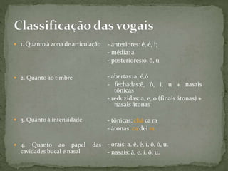  1. Quanto à zona de articulação
 2. Quanto ao timbre
 3. Quanto à intensidade
 4. Quanto ao papel das
cavidades bucal e nasal
- anteriores: ê, é, i;
- média: a
- posteriores:ó, ô, u
- abertas: a, é,ó
- fechadas:ê, ô, i, u + nasais
tônicas
- reduzidas: a, e, o (finais átonas) +
nasais átonas
- tônicas: chá ca ra
- átonas: ca dei ra
- orais: a. ê. é, i, ô, ó, u.
- nasais: ã, e. i. õ, u.
 