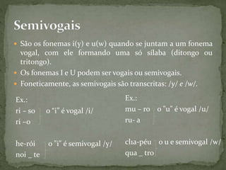  São os fonemas i(y) e u(w) quando se juntam a um fonema
vogal, com ele formando uma só sílaba (ditongo ou
tritongo).
 Os fonemas I e U podem ser vogais ou semivogais.
 Foneticamente, as semivogais são transcritas: /y/ e /w/.
Ex.:
ri – so o “i” é vogal /i/
ri –o
he-rói o "i" é semivogal /y/
noi _ te
Ex.:
mu – ro o "u" é vogal /u/
ru- a
cl1a-péu o u e semivogal /w/
qua _ tro
 