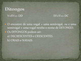 V+SV=> DD SV+V=> DC
 O encontro de uma vogal + uma semivogal, ou e uma
semivogaI + uma vogal recebe o nome de DITONGO.
 Os DITONGOS podem ser:
a) DECRESCENTES e CRESCENTES
b) ORAIS e NASAIS
 
