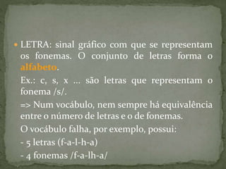  LETRA: sinal gráfico com que se representam
os fonemas. O conjunto de letras forma o
alfabeto.
Ex.: c, s, x ... são letras que representam o
fonema /s/.
=> Num vocábulo, nem sempre há equivalência
entre o número de letras e o de fonemas.
O vocábulo falha, por exemplo, possui:
- 5 letras (f-a-l-h-a)
- 4 fonemas /f-a-lh-a/
 