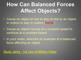 How Can Balanced Forces
Affect Objects?
• Cause an object at rest to stay at rest or an object
in motion to stay in motion (inertia)
• Cause an object moving at a constant speed to
continue at a constant speed
• In your notes, describe an example of a balanced
force affecting an object.
Study Jams - 1st Law of Motion Video
 