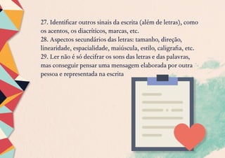 27. Identificar outros sinais da escrita (além de letras), como
os acentos, os diacríticos, marcas, etc.
28. Aspectos secundários das letras: tamanho, direção,
linearidade, espacialidade, maiúscula, estilo, caligrafia, etc.
29. Ler não é só decifrar os sons das letras e das palavras,
mas conseguir pensar uma mensagem elaborada por outra
pessoa e representada na escrita
 