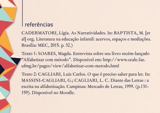 referências
CADERMATORI, Lígia. As Narratividades. In: BAPTISTA, M. [et
al] org. Literatura na educação infantil: acervos, espaços e mediações.
Brasília: MEC, 2015. p. 32.)
Texto 1: SOARES, Magda. Entrevista sobre seu livro recém-lançado
“Alfabetizar com método”. Disponível em: http://www.ceale.fae.
ufmg.br/pages/view/alfabetizar-com-metodo.html
Texto 2: CAGLIARI, Luiz Carlos. O que é preciso saber para ler. In:
MASSINI-CAGLIARI, G.; CAGLIARI, L. C. Diante das Letras : a
escrita na alfabetização. Campinas: Mercado de Letras, 1999. (p.131-
159). Disponível no Moodle.
 