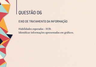 QUESTÃO 06
EIXO DE TRATAMENTO DA INFORMAÇÃO
Habilidades esperadas - H18:
Identificar informações apresentadas em gráficos.
 