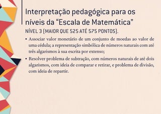Interpretação pedagógica para os
níveis da “Escala de Matemática”
NÍVEL 3 (MAIOR QUE 525 ATÉ 575 PONTOS).
•	Associar valor monetário de um conjunto de moedas ao valor de
uma cédula; a representação simbólica de números naturais com até
três algarismos à sua escrita por extenso;
•	Resolver problema de subtração, com números naturais de até dois
algarismos, com ideia de comparar e retirar, e problema de divisão,
com ideia de repartir.
 