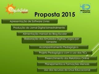 Proposta 2015
Apresentação de Software Livres
Produção do Jornal Digital bimestralmente
Alimentação mensal do Blog Escolar
Elaboração dos Simulados Digitais/ Jogos por
bimestre
Acompanhamento Pedagógico
Projeto Pedagógico com o uso das TICs
Planejamentos e Formações Mensais
Preenchimento dos Relatórios Online
Uso dos recursos do Linux Educacional
 