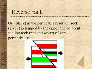 11
Reverse Fault
Oil (black) in the permeable reservoir rock
(green) is trapped by the upper and adjacent
sealing rock (re...