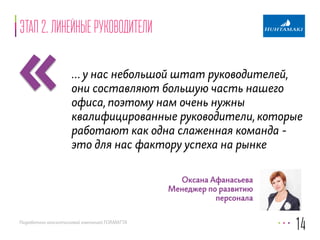 «Этап 2. Линейные руководители 
… у нас небольшой штат руководителей, 
они составляют большую часть нашего 
офиса, поэтому нам очень нужны 
квалифицированные руководители, которые 
работают как одна слаженная команда - 
это для нас фактору успеха на рынке 
Разработано консалтинговой компанией FORMATTA 
14 
Оксана Афанасьева 
Менеджер по развитию 
персонала 
 