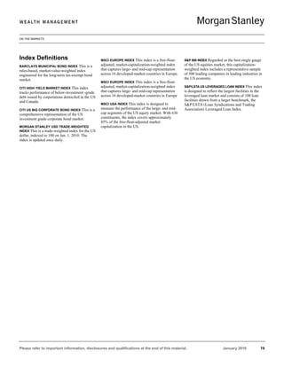 ON THE MARKETS
Please refer to important information, disclosures and qualifications at the end of this material. January 2016 19
Index Definitions
BARCLAYS MUNICIPAL BOND INDEX This is a
rules-based, market-value-weighted index
engineered for the long-term tax-exempt bond
market.
CITI HIGH YIELD MARKET INDEX This index
tracks performance of below-investment -grade
debt issued by corporations domiciled in the US
and Canada.
CITI US BIG CORPORATE BOND INDEX This is a
comprehensive representation of the US
investment grade corporate bond market.
MORGAN STANLEY USD TRADE-WEIGHTED
INDEX This is a trade-weighted index for the US
dollar, indexed to 100 on Jan. 1, 2010. The
index is updated once daily.
MSCI EUROPE INDEX This index is a free-float-
adjusted, market-capitalization-weighted index
that captures large- and mid-cap representation
across 16 developed-market countries in Europe.
MSCI EUROPE INDEX This index is a free-float-
adjusted, market-capitalization-weighted index
that captures large- and mid-cap representation
across 16 developed-market countries in Europe
MSCI USA INDEX This index is designed to
measure the performance of the large- and mid-
cap segments of the US equity market. With 636
constituents, the index covers approximately
85% of the free-float-adjusted market
capitalization in the US.
S&P 500 INDEX Regarded as the best single gauge
of the US equities market, this capitalization-
weighted index includes a representative sample
of 500 leading companies in leading industries in
the US economy.
S&P/LSTA US LEVERAGED LOAN INDEX This index
is designed to reflect the largest facilities in the
leveraged loan market and consists of 100 loan
facilities drawn from a larger benchmark, the
S&P/LSTA (Loan Syndications and Trading
Association) Leveraged Loan Index.
 