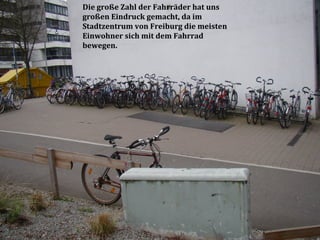 Die große Zahl der Fahrräder hat uns
großen Eindruck gemacht, da im
Stadtzentrum von Freiburg die meisten
Einwohner sich mit dem Fahrrad
bewegen.
 
