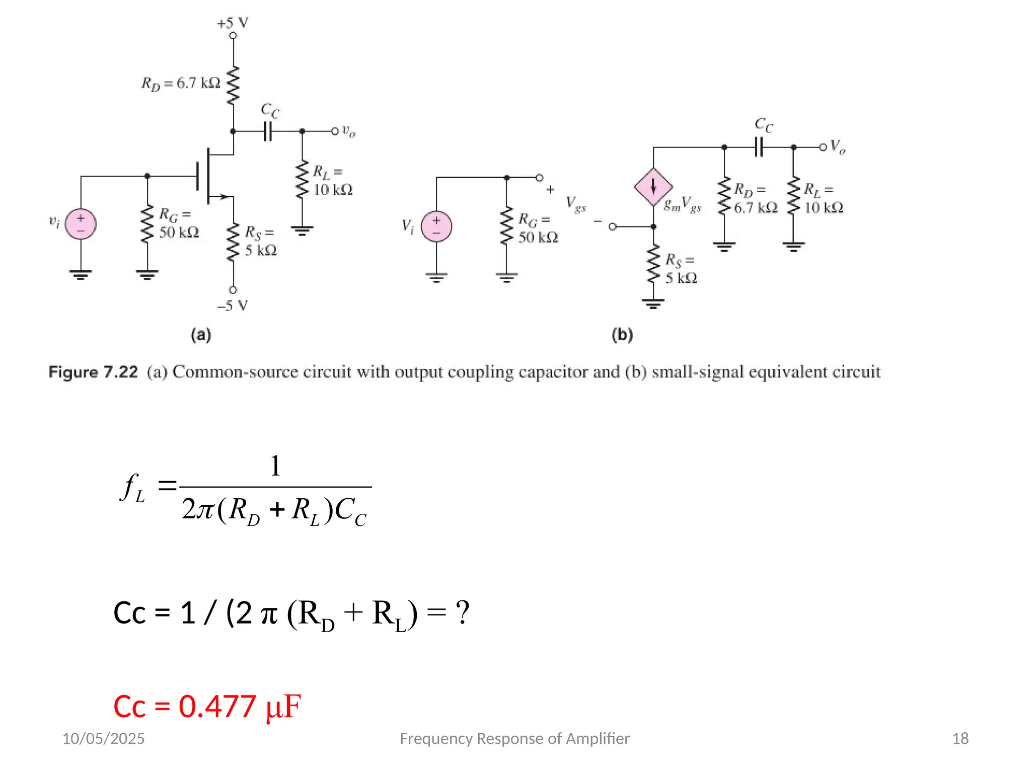 10/05/2025 Frequency Response of Amplifier 18
C
L
D
L
C
R
R
f
)
(
2
1



Cc = 1 / (2 π (RD + RL) = ?
Cc = 0.477 μF
 