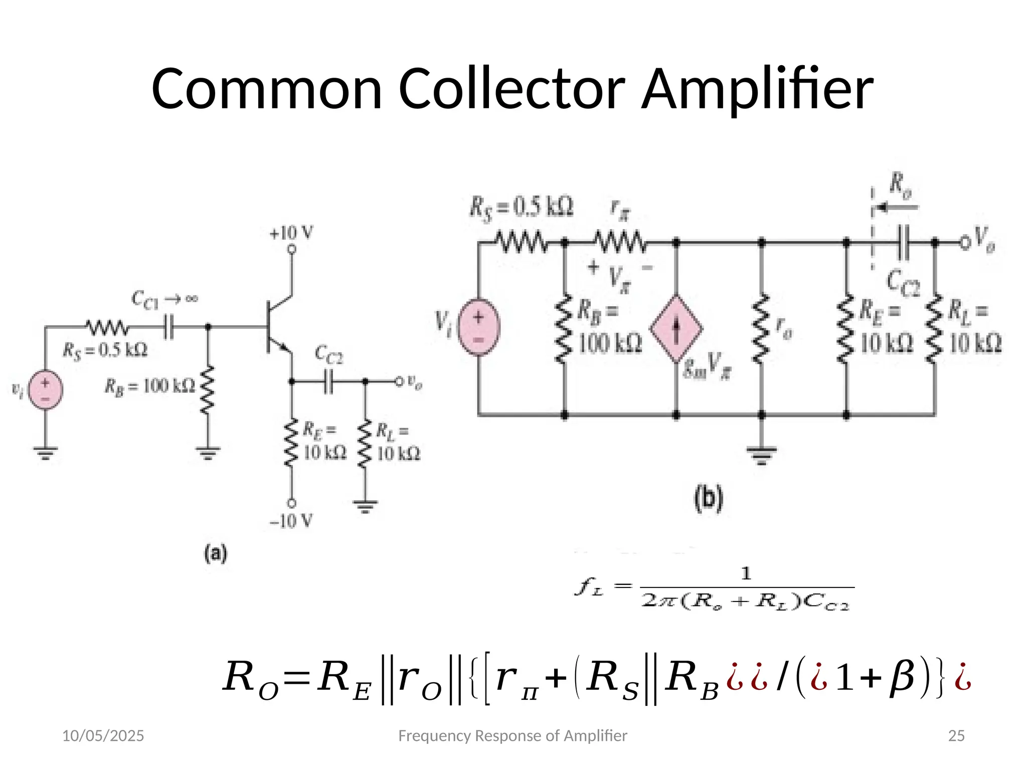 10/05/2025 Frequency Response of Amplifier 25
Common Collector Amplifier
𝑅𝑂=𝑅𝐸‖𝑟𝑂‖{[𝑟 𝜋 +( 𝑅𝑆‖𝑅𝐵 ¿¿ /(¿1+ 𝛽)}¿
 