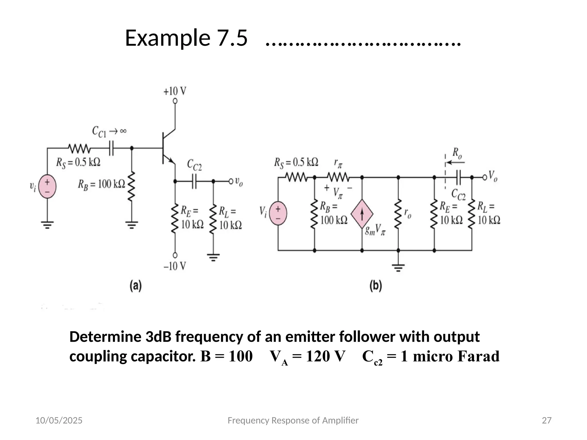 10/05/2025 Frequency Response of Amplifier 27
Example 7.5 …………………………….
Determine 3dB frequency of an emitter follower with output
coupling capacitor. Β = 100 VA = 120 V Cc2 = 1 micro Farad
 