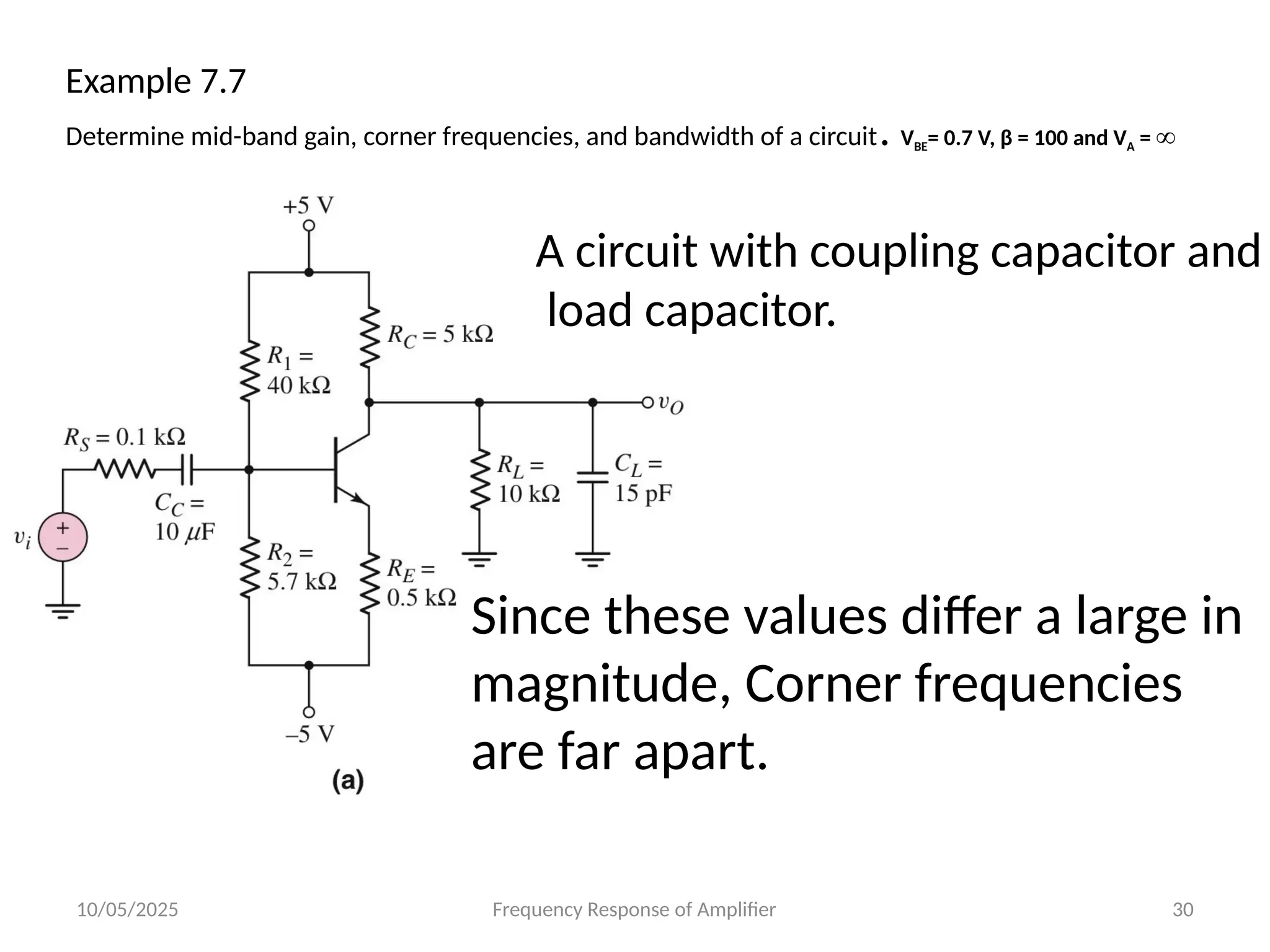 10/05/2025 Frequency Response of Amplifier 30
Example 7.7
Determine mid-band gain, corner frequencies, and bandwidth of a circuit. VBE= 0.7 V, β = 100 and VA = ∞
Since these values differ a large in
magnitude, Corner frequencies
are far apart.
A circuit with coupling capacitor and
load capacitor.
 