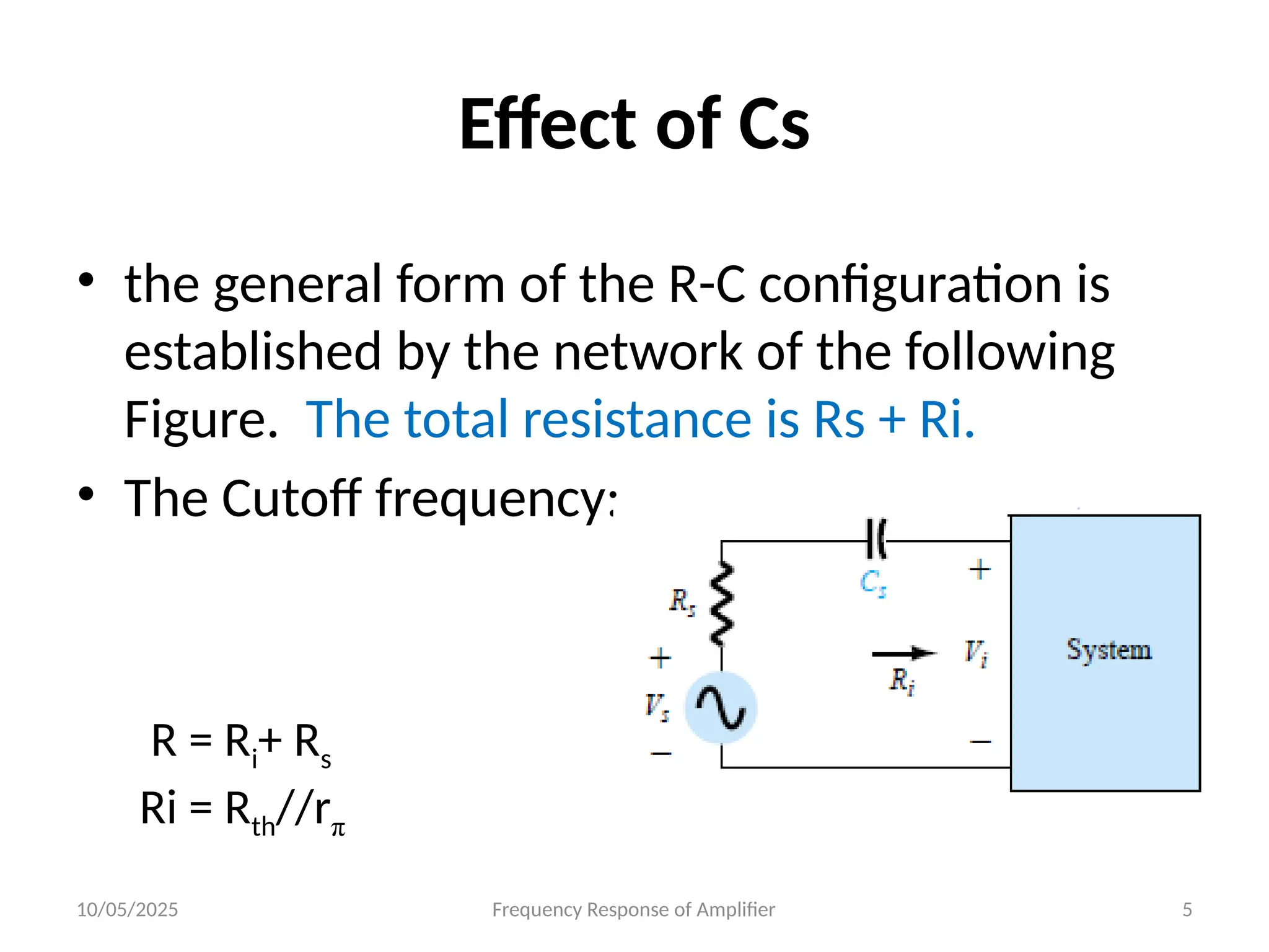10/05/2025 Frequency Response of Amplifier 5
Effect of Cs
• the general form of the R-C configuration is
established by the network of the following
Figure. The total resistance is Rs + Ri.
• The Cutoff frequency:
R = Ri+ Rs
Ri = Rth//rπ
 