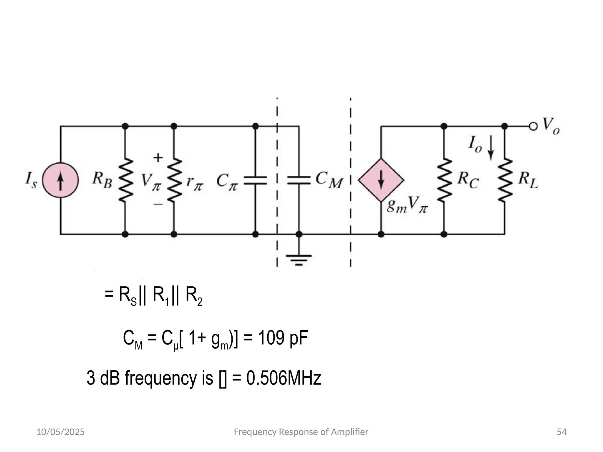 10/05/2025 Frequency Response of Amplifier 54
= RS R
‖ 1 R
‖ 2
CM = Cμ[ 1+ gm)] = 109 pF
3 dB frequency is [] = 0.506MHz
 