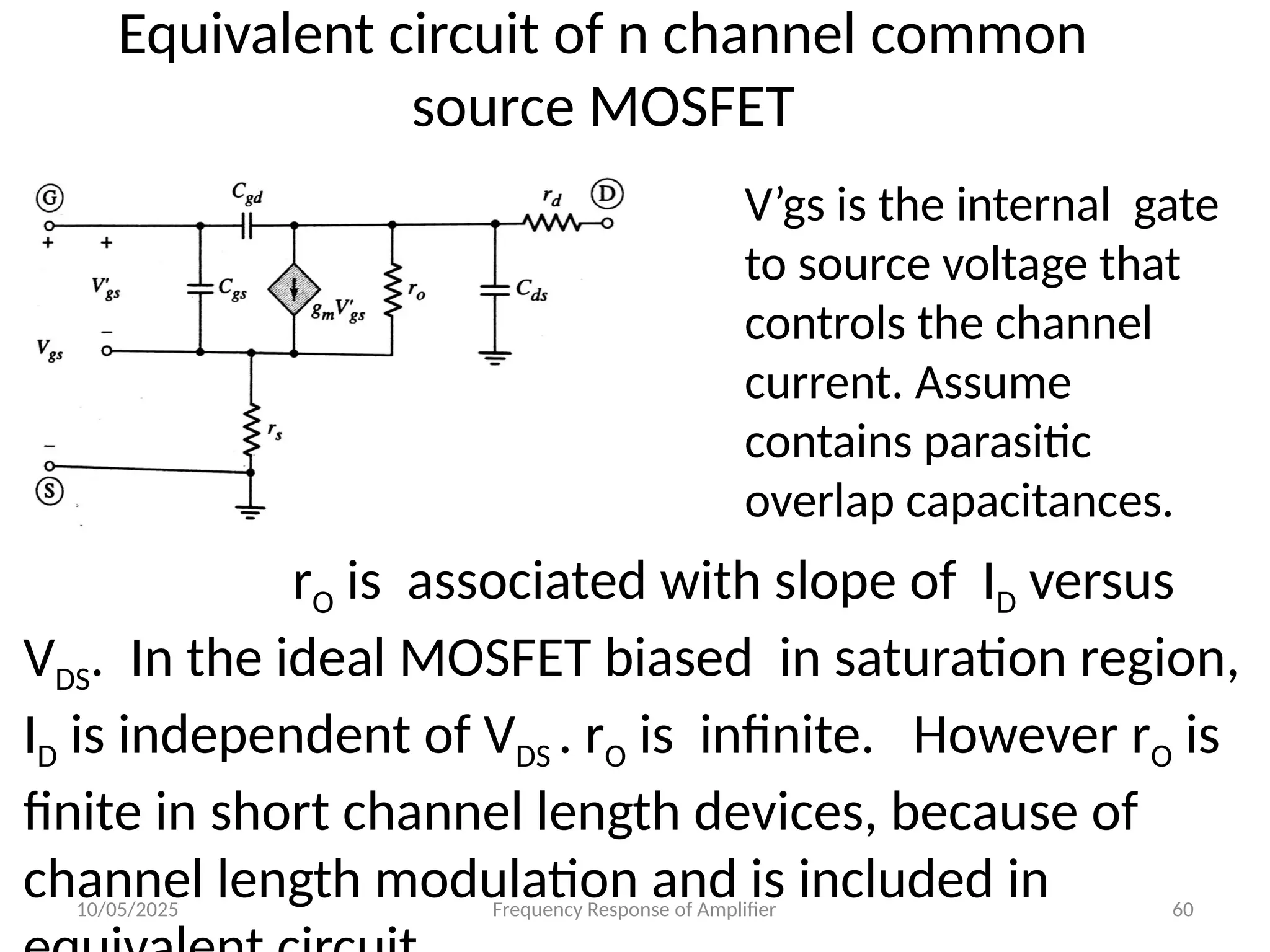 10/05/2025 Frequency Response of Amplifier 60
Equivalent circuit of n channel common
source MOSFET
rO is not shown:rO is associated with slope of ID versus
VDS. In the ideal MOSFET biased in saturation region,
ID is independent of VDS . rO is infinite. However rO is
finite in short channel length devices, because of
channel length modulation and is included in
V’gs is the internal gate
to source voltage that
controls the channel
current. Assume
contains parasitic
overlap capacitances.
 