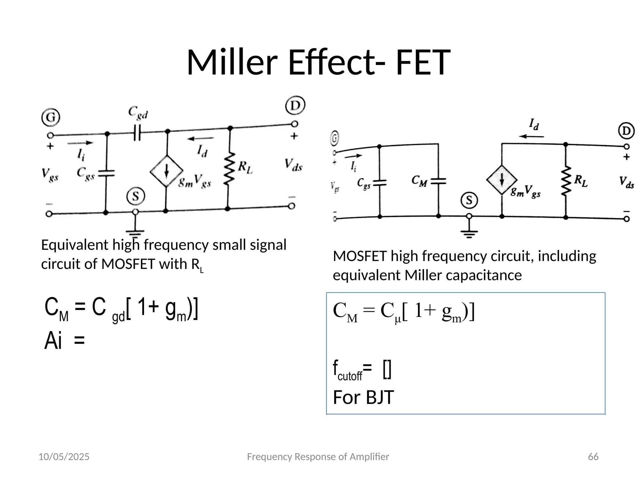 10/05/2025 Frequency Response of Amplifier 66
Miller Effect- FET
MOSFET high frequency circuit, including
equivalent Miller capacitance
Equivalent high frequency small signal
circuit of MOSFET with RL
CM = C gd[ 1+ gm)]
Ai =
CM = Cμ[ 1+ gm)]
fcutoff= []
For BJT
 