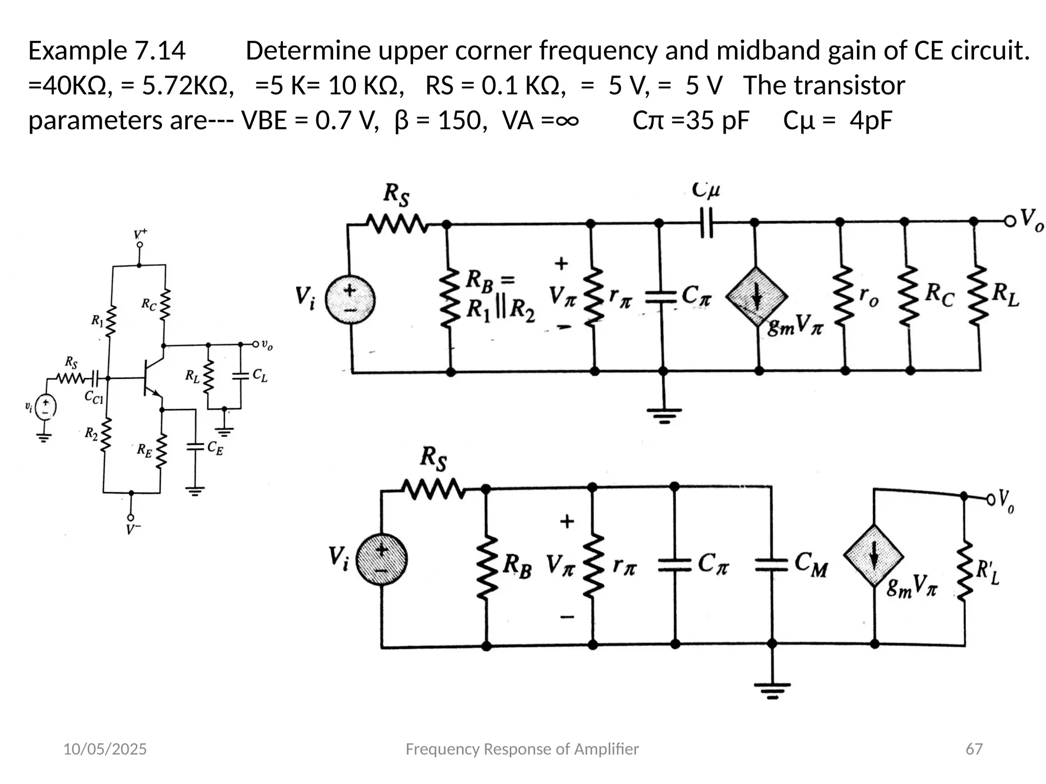 10/05/2025 Frequency Response of Amplifier 67
Example 7.14 Determine upper corner frequency and midband gain of CE circuit.
=40KΩ, = 5.72KΩ, =5 K= 10 KΩ, RS = 0.1 KΩ, = 5 V, = 5 V The transistor
parameters are--- VBE = 0.7 V, β = 150, VA =∞ Cπ =35 pF Cμ = 4pF
 