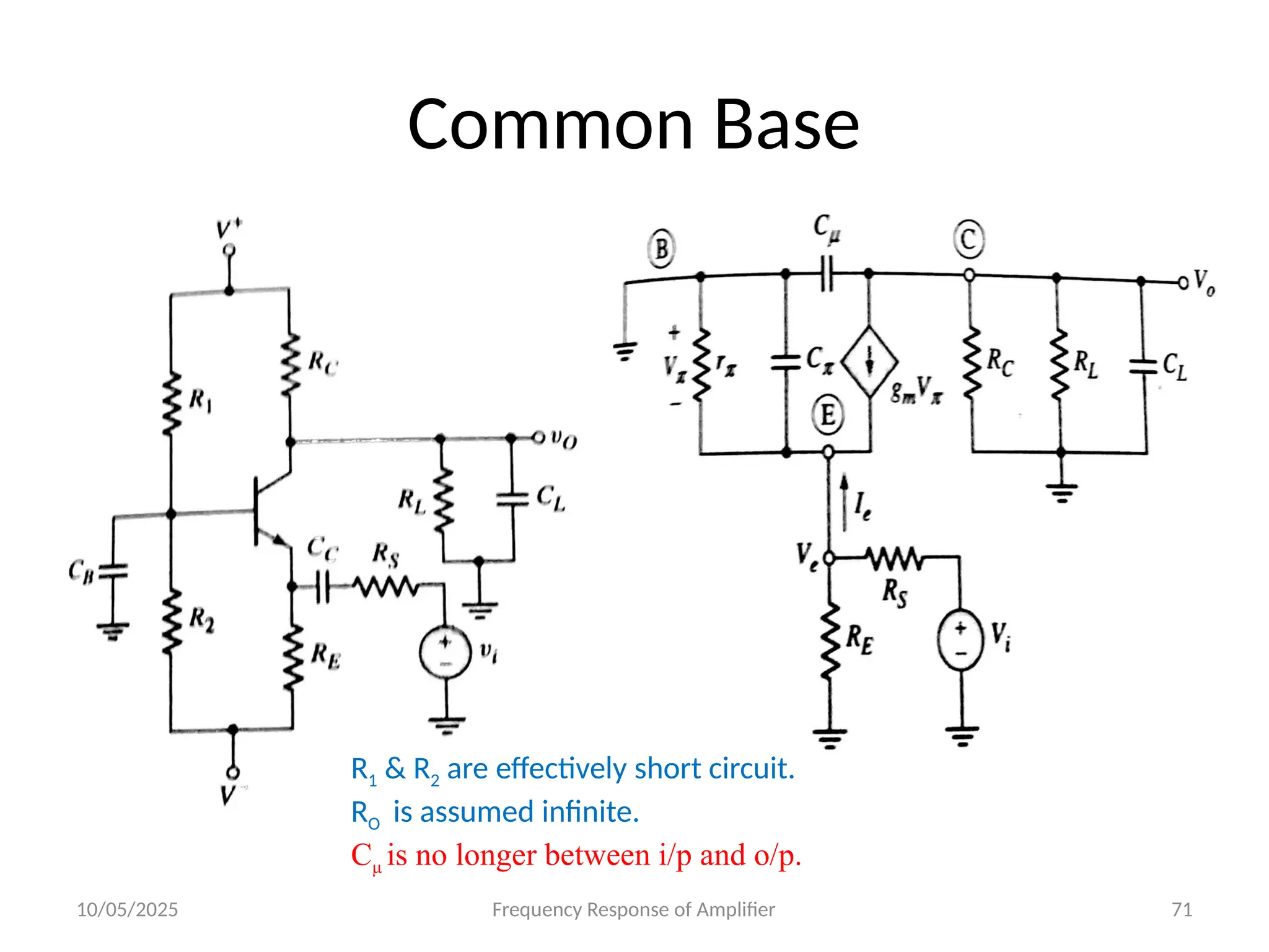 10/05/2025 Frequency Response of Amplifier 71
Common Base
R1 & R2 are effectively short circuit.
RO is assumed infinite.
Cμ is no longer between i/p and o/p.
 